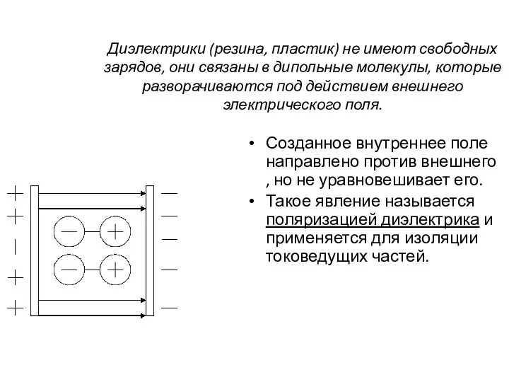 Диэлектрики (резина, пластик) не имеют свободных зарядов, они связаны в дипольные