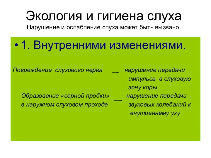 Экология и гигиена слуха Нарушение и ослабление слуха может быть вызвано: