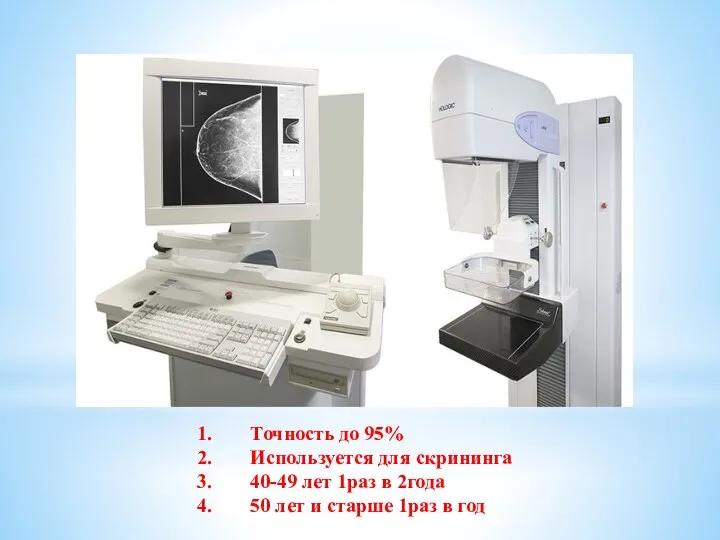 Точность до 95% Используется для скрининга 40-49 лет 1раз в 2года
