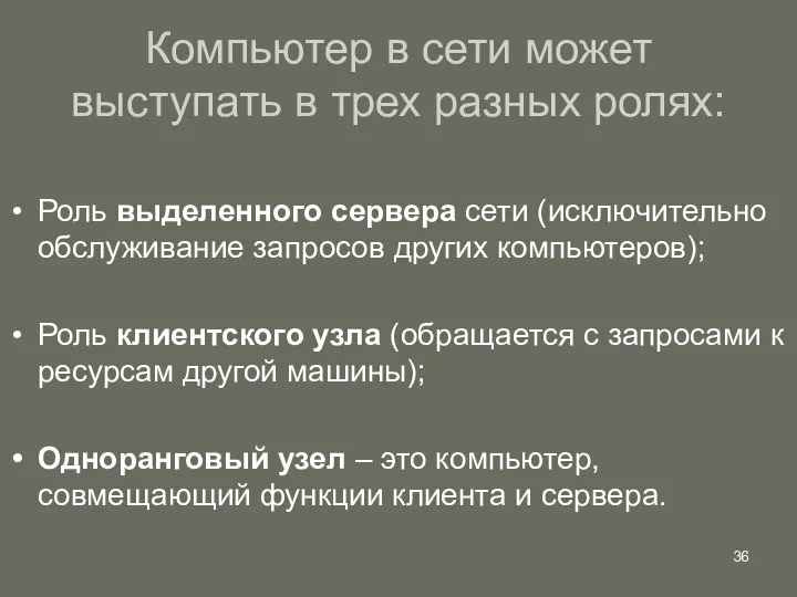 Компьютер в сети может выступать в трех разных ролях: Роль выделенного