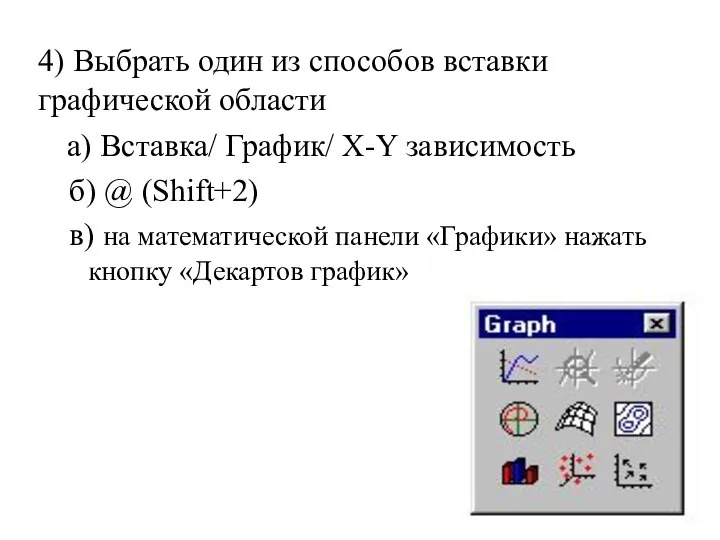 а) Вставка/ График/ X-Y зависимость б) @ (Shift+2) в) на математической