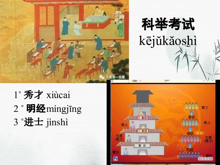 科举考试kējŭkăoshì 1˚ 秀才 xiùcai 2 ˚ 明经 míngjīng 3 ˚进士 jìnshì