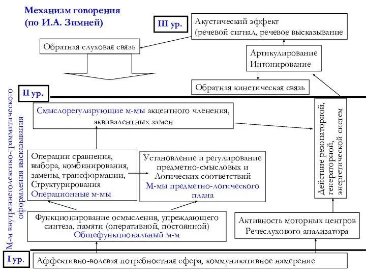 Аффективно-волевая потребностная сфера, коммуникативное намерение Функционирование осмысления, упреждающего синтеза, памяти (оперативной,