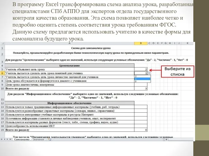 В программу Excel трансформирована схема анализа урока, разработанная специалистами СПб АППО