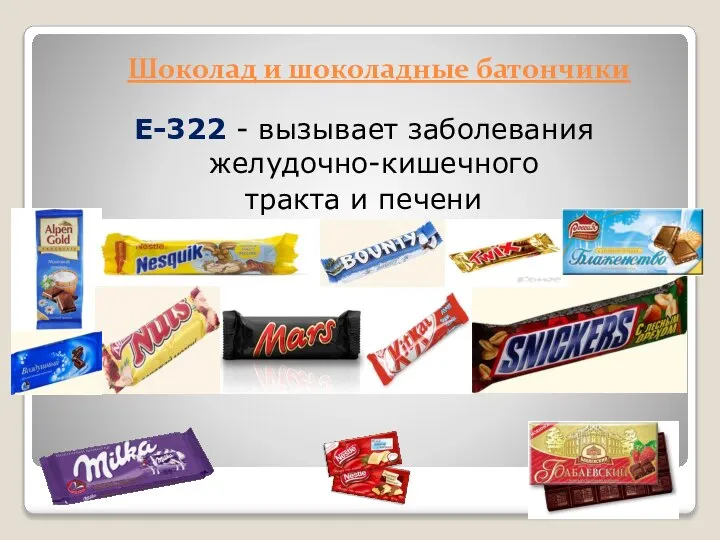 Шоколад и шоколадные батончики Е-322 - вызывает заболевания желудочно-кишечного тракта и печени