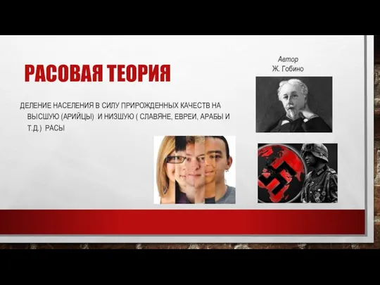 РАСОВАЯ ТЕОРИЯ ДЕЛЕНИЕ НАСЕЛЕНИЯ В СИЛУ ПРИРОЖДЕННЫХ КАЧЕСТВ НА ВЫСШУЮ (АРИЙЦЫ)