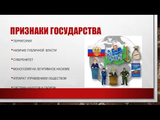 ПРИЗНАКИ ГОСУДАРСТВА ТЕРРИТОРИЯ НАЛИЧИЕ ПУБЛИЧНОЙ ВЛАСТИ СУВЕРЕНИТЕТ МОНОПОЛИЯ НА ЛЕГИТИМНОЕ НАСИЛИЕ