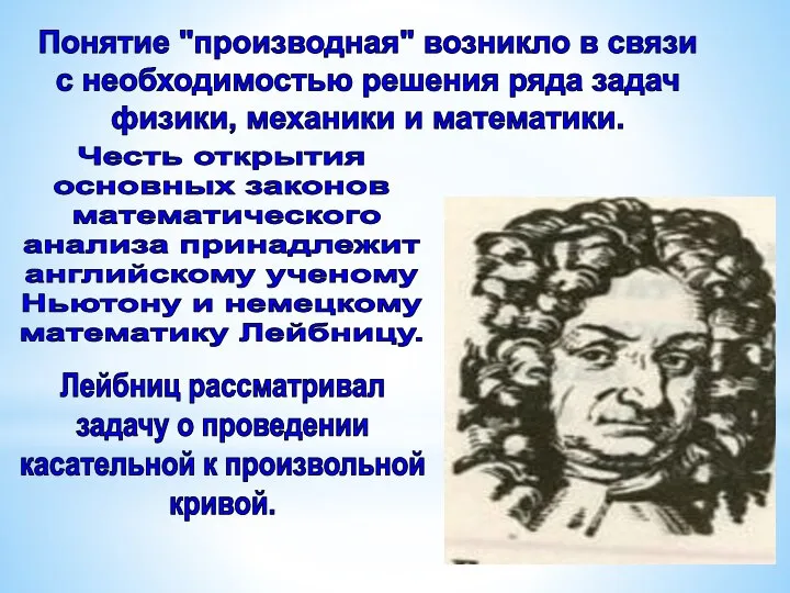 Понятие "производная" возникло в связи с необходимостью решения ряда задач физики,