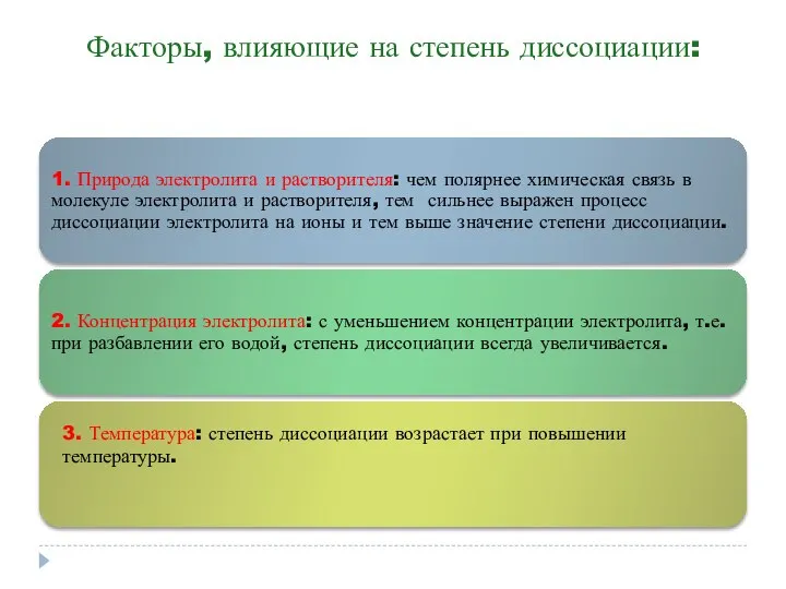 Факторы, влияющие на степень диссоциации: 3. Температура: степень диссоциации возрастает при повышении температуры.