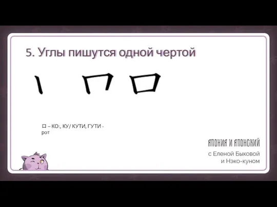 5. Углы пишутся одной чертой 口 – КО:, КУ/ КУТИ, ГУТИ - рот