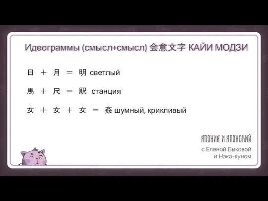 Идеограммы (смысл+смысл) 会意文字 КАЙИ МОДЗИ 日 ＋ 月 ＝ 明 светлый