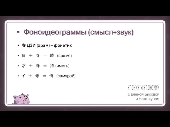 Фоноидеограммы (смысл+звук) 寺 ДЗИ (храм) – фонетик 日 ＋ 寺 ＝