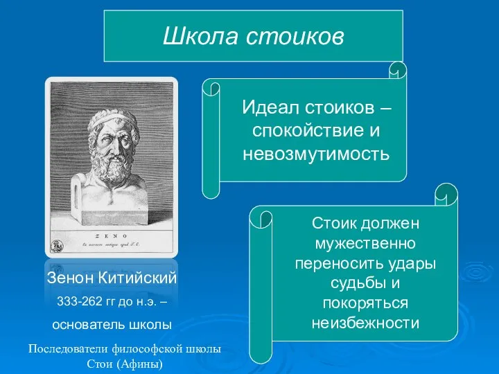 Школа стоиков Зенон Китийский 333-262 гг до н.э. – основатель школы