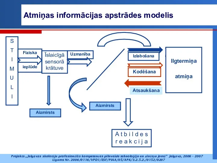 Atmiņas informācijas apstrādes modelis Īslaicīgā atmiņa Operatīvā atmiņa Ilgtermiņa atmiņa Īslaicīgā