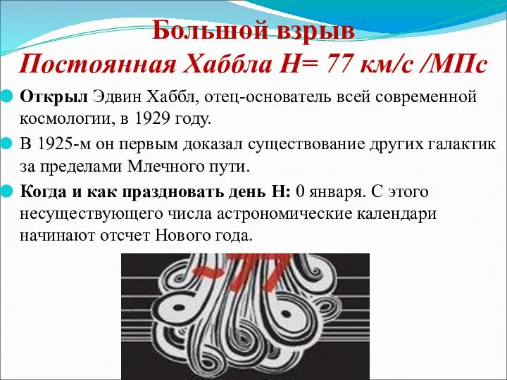 Большой взрыв Постоянная Хаббла Н= 77 км/с /МПс Открыл Эдвин Хаббл,