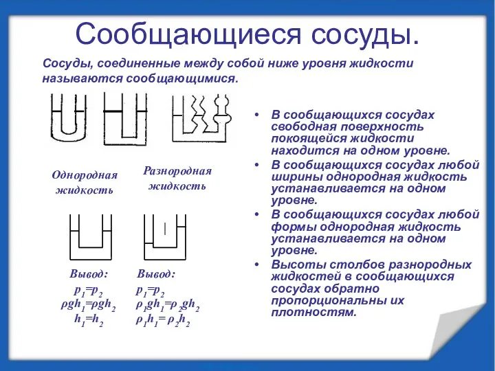 Сообщающиеся сосуды. В сообщающихся сосудах свободная поверхность покоящейся жидкости находится на