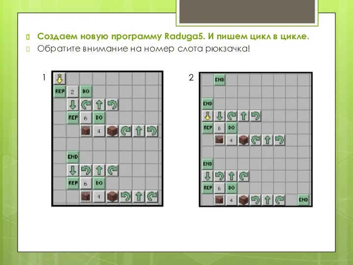 Создаем новую программу Raduga5. И пишем цикл в цикле. Обратите внимание