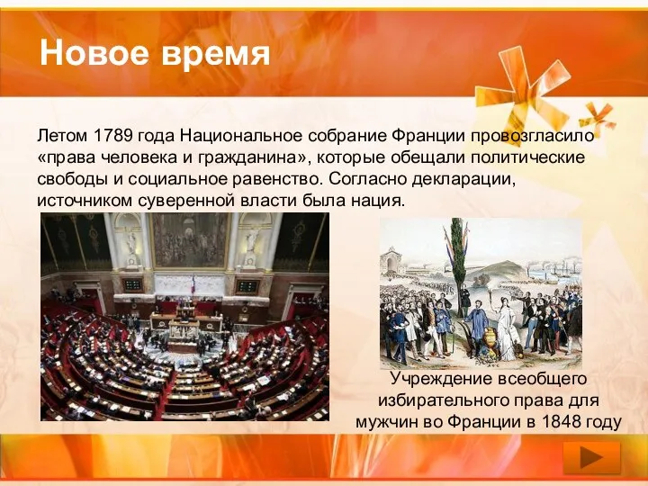 Новое время Летом 1789 года Национальное собрание Франции провозгласило «права человека