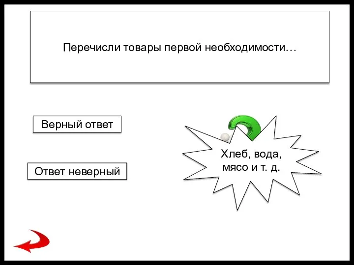 Перечисли товары первой необходимости… Хлеб, вода, мясо и т. д. Верный ответ Ответ неверный