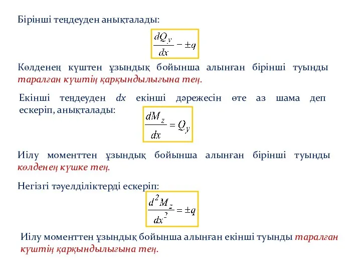 Бірінші теңдеуден анықталады: Көлденең күштен ұзындық бойынша алынған бірінші туынды таралған