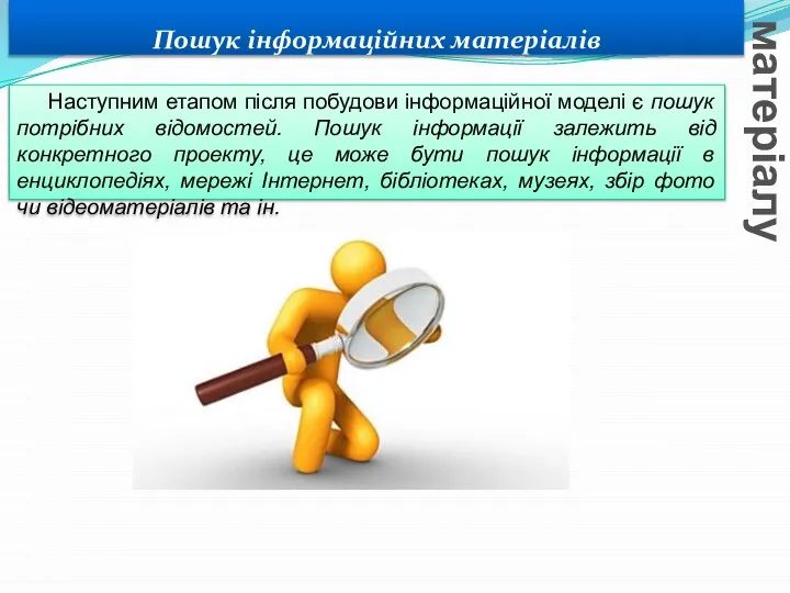 Пошук інформаційних матеріалів Вивчення нового матеріалу Наступним етапом після побудови інформаційної