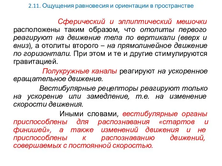 2.11. Ощущения равновесия и ориентации в пространстве Сферический и эллиптический мешочки