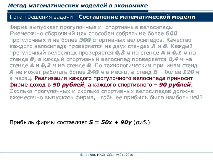 © Тамбов, МАОУ СОШ № 31, 2016 Метод математических моделей в