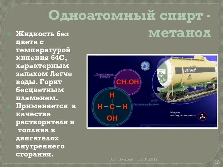 А.Г. Волкова 11.04.2019 Одноатомный спирт - метанол Жидкость без цвета с