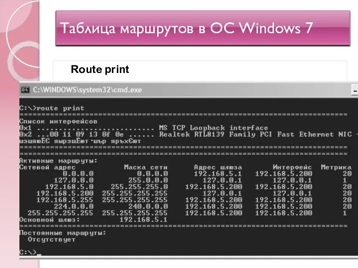 Таблица маршрутов в ОС Windows 7 Route print