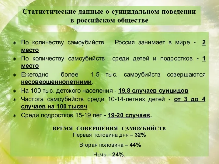 Статистические данные о суицидальном поведении в российском обществе По количеству самоубийств