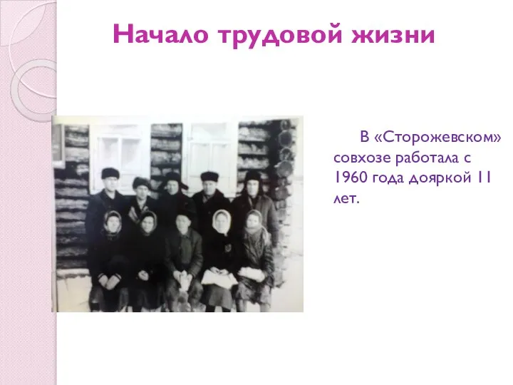 Начало трудовой жизни В «Сторожевском» совхозе работала с 1960 года дояркой 11 лет.