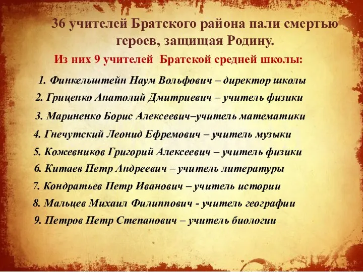 36 учителей Братского района пали смертью героев, защищая Родину. Из них