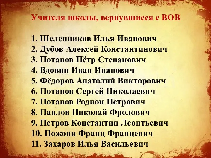 Учителя школы, вернувшиеся с ВОВ 1. Шелепников Илья Иванович 2. Дубов