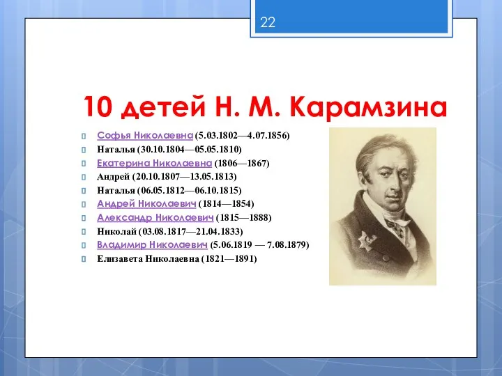 10 детей Н. М. Карамзина Софья Николаевна (5.03.1802—4.07.1856) Наталья (30.10.1804—05.05.1810) Екатерина