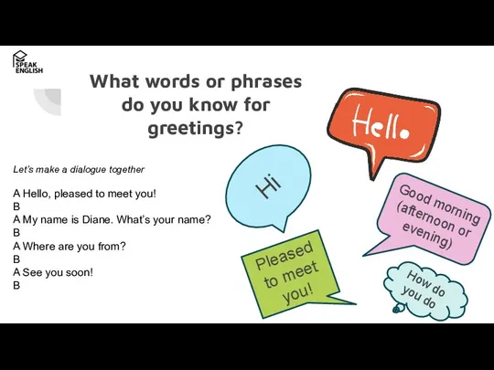 What words or phrases do you know for greetings? Hi Good