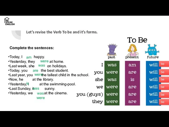 Let’s revise the Verb To be and it’s forms. Complete the