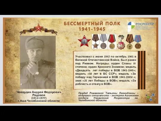 Участвовал с июня 1942 по октябрь 1945 в Великой Отечественной Войне.