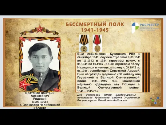 Братанов Дмитрий Алексеевич Рядовой (1909-1968) с. Злоказово Челябинской области Был мобилизован