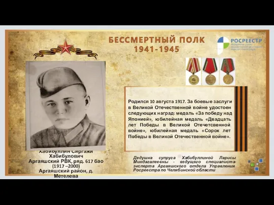 Родился 10 августа 1917. За боевые заслуги в Великой Отечественной войне