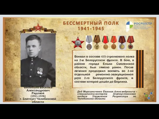 Воевал в составе 473 стрелкового полка на 2-м Белорусском фронте. В