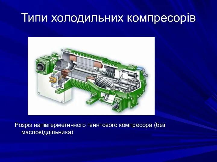 Типи холодильних компресорів Розріз напівгерметичного гвинтового компресора (без масловіддільника)