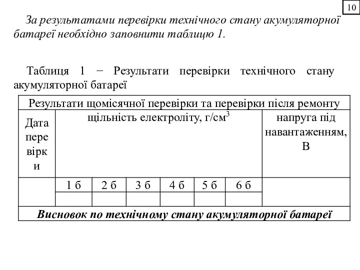 10 Таблиця 1 − Результати перевірки технічного стану акумуляторної батареї За