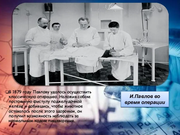 И.Павлов во время операции В 1879 году Павлову удалось осуществить классическую