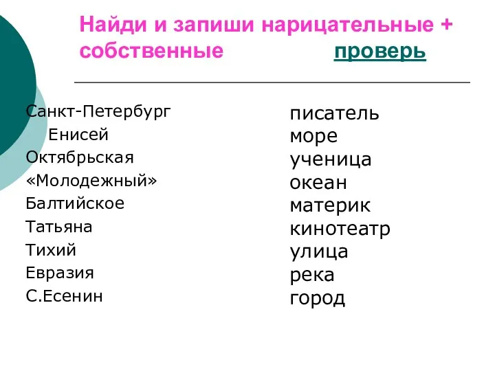 Найди и запиши нарицательные + собственные проверь Санкт-Петербург Енисей Октябрьская «Молодежный»