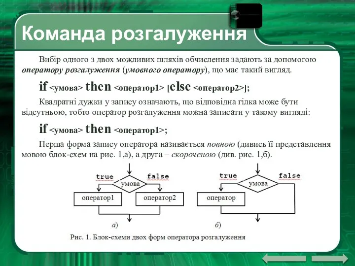 Команда розгалуження Вибір одного з двох можливих шляхів обчислення задають за