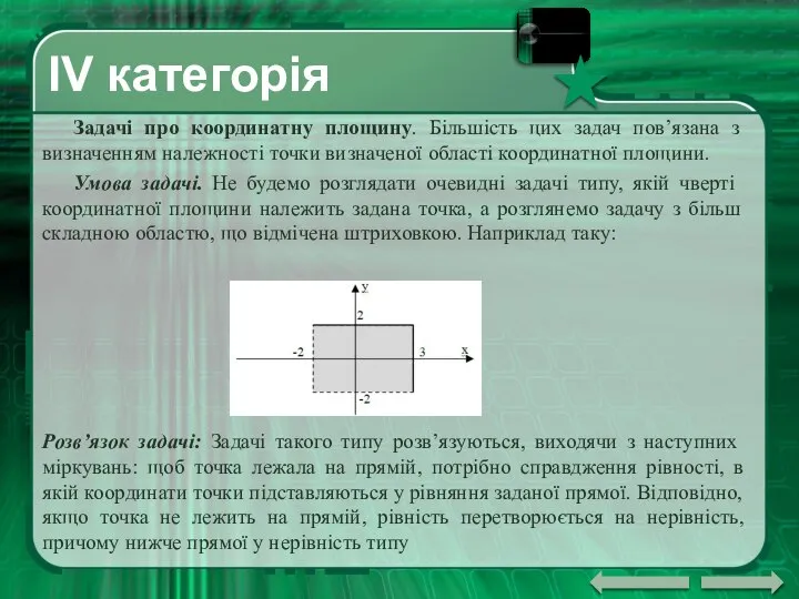 ІV категорія Задачі про координатну площину. Більшість цих задач пов’язана з