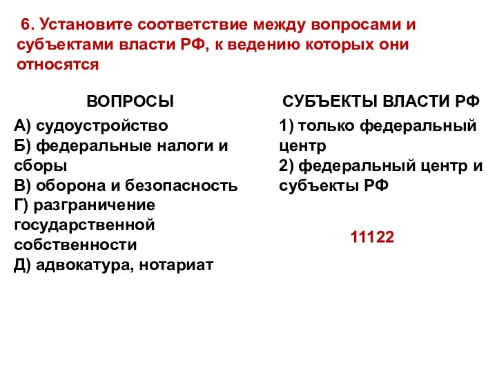 6. Установите соответствие между вопросами и субъектами власти РФ, к ведению которых они относятся 11122