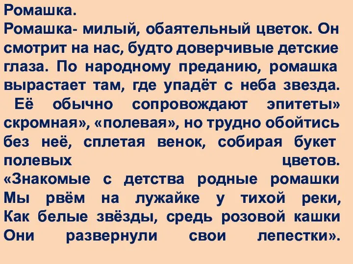 Ромашка. Ромашка- милый, обаятельный цветок. Он смотрит на нас, будто доверчивые