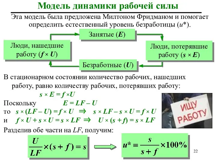 Модель динамики рабочей силы В стационарном состоянии количество рабочих, нашедших работу,