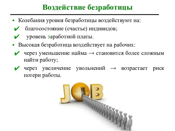 Воздействие безработицы Колебания уровня безработицы воздействуют на: благосостояние (счастье) индивидов; уровень